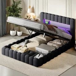 Cadre de lit double 180x200 cm gris avec rangement, tissu en lin, LED, tête de lit avec station de charge et sommier à lattes