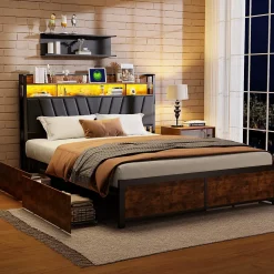 Cadre de Lit Double 160x200 cm avec Tiroirs Coulissants et LED, en Métal Noir et Bois, Parfait pour Chambre d'Adultes, USB, noir