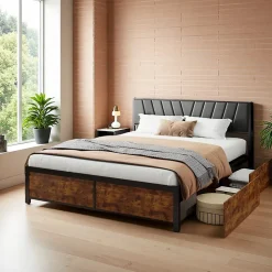 Cadre de Lit Double 160x200 cm avec Tiroirs Coulissants et LED, en Métal Noir et Bois, Parfait pour Chambre d'Adultes, USB, noir