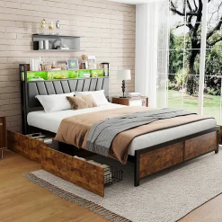 Cadre de Lit Double 160x200 cm avec Tiroirs Coulissants et LED, en Métal Noir et Bois, Parfait pour Chambre d'Adultes, USB, noir