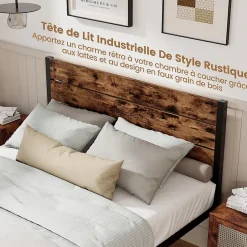 Cadre de Lit Double 140x200CM, Lit Plateforme avec Tête à Lattes, Pas Besoin de Sommier, Marron Rustique