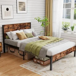 Cadre de Lit Double 140x200CM, Lit Plateforme avec Tête à Lattes, Pas Besoin de Sommier, Marron Rustique