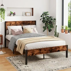 Cadre de Lit Double 140x200CM, Lit Plateforme avec Tête à Lattes, Pas Besoin de Sommier, Marron Rustique