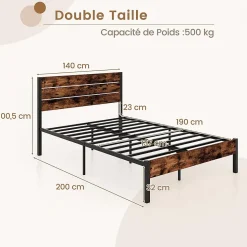 Cadre de Lit Double 140x200CM, Lit Plateforme avec Tête à Lattes, Pas Besoin de Sommier, Marron Rustique