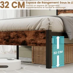 Cadre de Lit Double 140x200CM, Lit Plateforme avec Tête à Lattes, Pas Besoin de Sommier, Marron Rustique