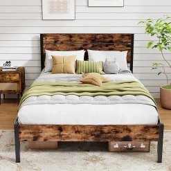 Cadre de Lit Double 140x200CM, Lit Plateforme avec Tête à Lattes, Pas Besoin de Sommier, Marron Rustique