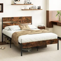Cadre de Lit Double 140x200CM,avec Tête, Lattes en Métal,Espace de Rangement,Pas de Sommier Nécessaire,Brun Rustique,Charge 360KG