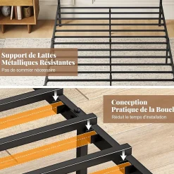 Cadre de Lit Double 140x200CM,avec Tête, Lattes en Métal,Espace de Rangement,Pas de Sommier Nécessaire,Brun Rustique,Charge 360KG