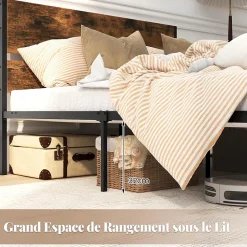 Cadre de Lit Double 140x200CM,avec Tête, Lattes en Métal,Espace de Rangement,Pas de Sommier Nécessaire,Brun Rustique,Charge 360KG