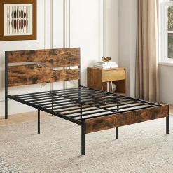 Cadre de Lit Double 140x200CM,avec Tête, Lattes en Métal,Espace de Rangement,Pas de Sommier Nécessaire,Brun Rustique,Charge 360KG