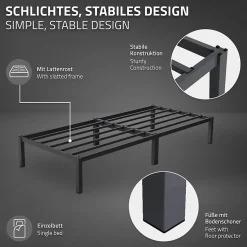 Cadre de lit en acier anthracite 90x200 cm avec sommier à lattes matelas H16 cm