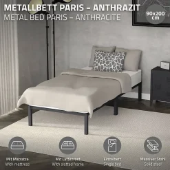 Cadre de lit en acier anthracite 90x200 cm avec sommier à lattes matelas H16 cm