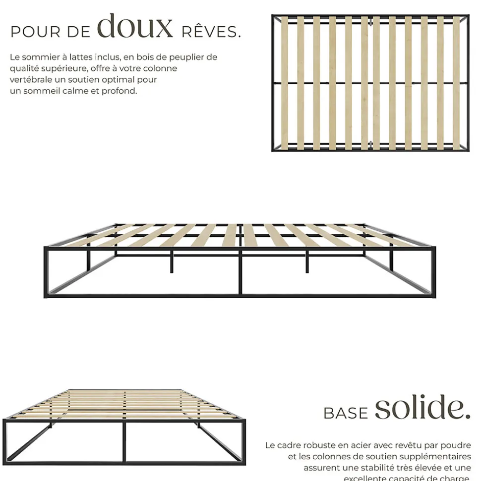 Cadre de lit en acier sommier à lattes en bois de peuplier 200x140cm