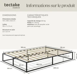 Cadre de lit en acier sommier à lattes en bois de peuplier 200x140cm