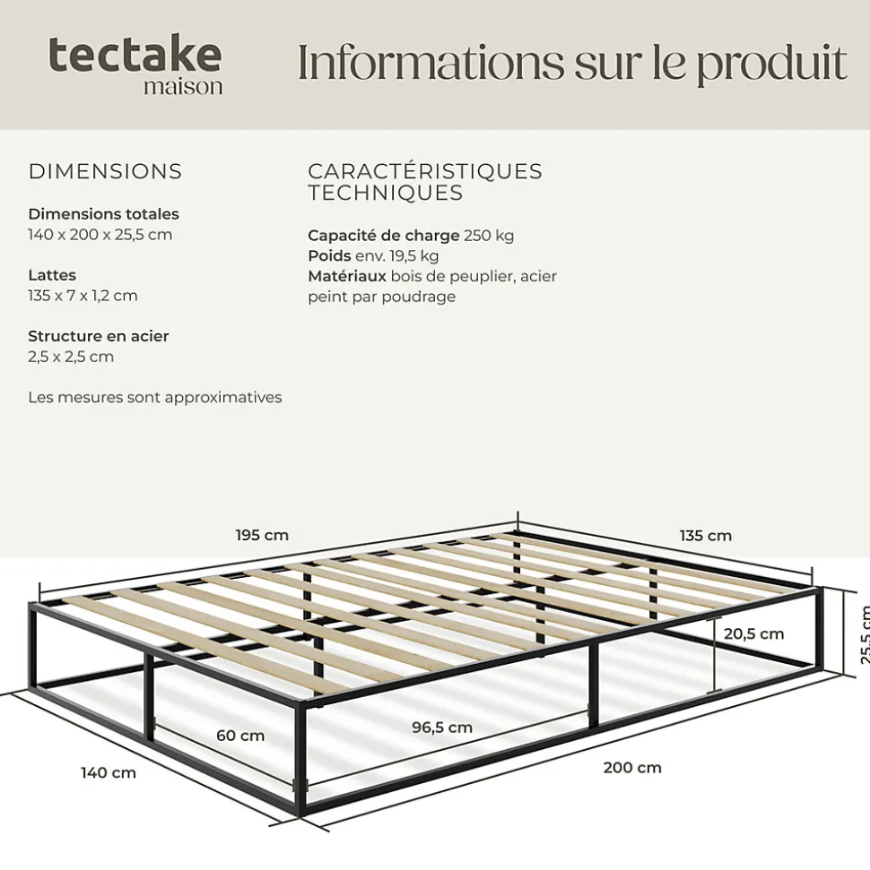 Cadre de lit en acier sommier à lattes en bois de peuplier 200x140cm