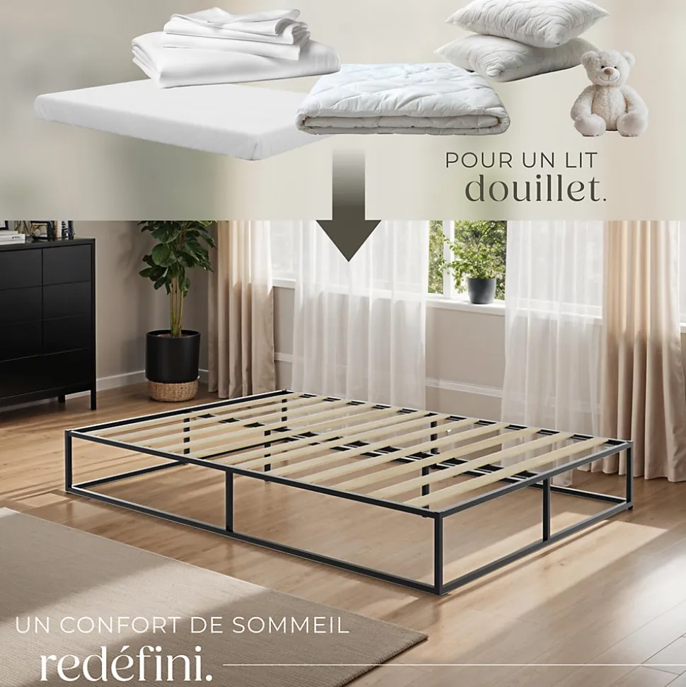 Cadre de lit en acier sommier à lattes en bois de peuplier 200x140cm