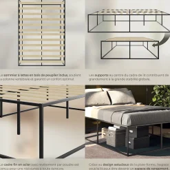 Cadre de lit en acier sommier à lattes en bois de peuplier 200x140cm