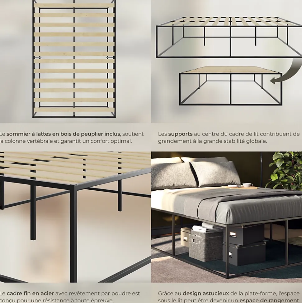Cadre de lit en acier sommier à lattes en bois de peuplier 200x140cm