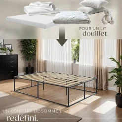 Cadre de lit en acier sommier à lattes en bois de peuplier 200x140cm