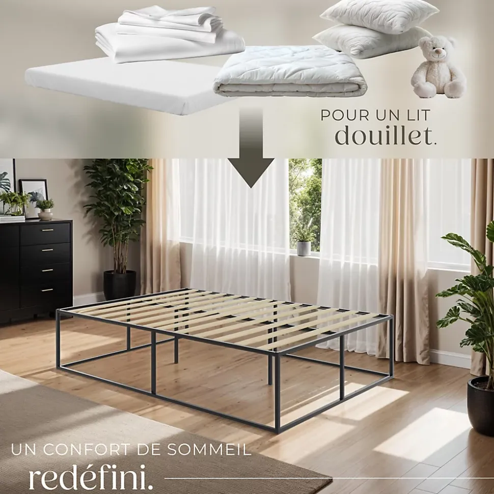 Cadre de lit en acier sommier à lattes en bois de peuplier 200x140cm