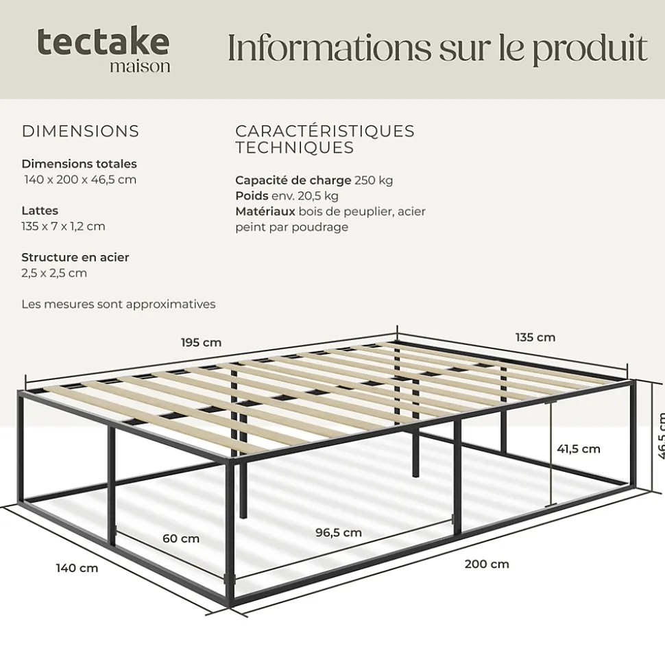 Cadre de lit en acier sommier à lattes en bois de peuplier 200x140cm