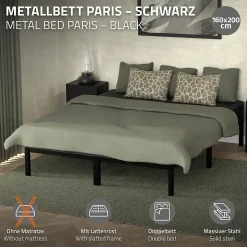 Cadre de lit en acier sommier à lattes noir moderne chambre à coucher 160x200 cm