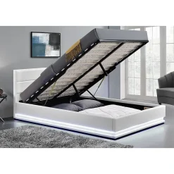 Cadre de lit en PU blanc avec rangements et LED intégrées 160x200 cm NEW YORK