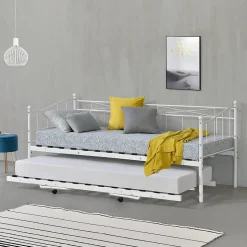 Cadre de Lit Gigogne en Métal Skutskär Blanc 90x200cm en.casa