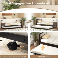 Cadre de Lit Gigogne Lot de 2 Lit Simple Banquette Lattes Métalliques Tête et Pied de Lit Peu Encombrant Pieds Pliants