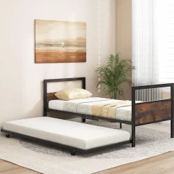 Cadre de Lit Gigogne Lot de 2 Lit Simple Banquette Lattes Métalliques Tête et Pied de Lit Peu Encombrant Pieds Pliants