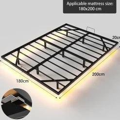 Cadre de lit LED en métal 180x200 cm, hauteur 20 cm, cadre flottant, pieds dissimulés, noir
