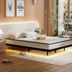 Cadre de lit LED en métal 180x200 cm, hauteur 20 cm, cadre flottant, pieds dissimulés, noir