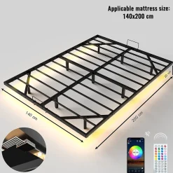 Cadre de lit LED en métal 140x200 cm, hauteur 20 cm, cadre de lit flottant, pieds dissimulés, noir