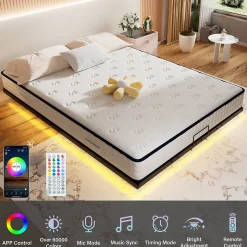 Cadre de lit LED en métal 140x200 cm, hauteur 20 cm, cadre de lit flottant, pieds dissimulés, noir