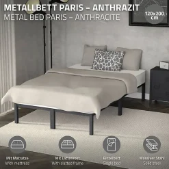 Cadre de lit métal anthracite matelas H:16 cm sommier à lattes intégré 120x200cm