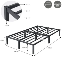 Cadre de lit métal anthracite matelas H:16 cm sommier à lattes intégré 120x200cm