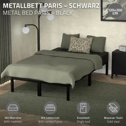 Cadre de lit noir en métal 120x200cm avec sommier à lattes matelas H:16 cm