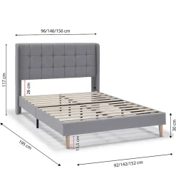 Cadre de lit plateforme Esther capitonné 30 cm, 140x190 cm, Gris clair