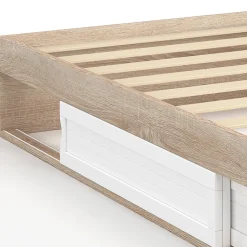 Cadre de lit simple SALEM avec rangement et sommier 90 x 190 CM façon hêtre et blanc