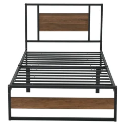Cadre de Lit Simple Villach en Métal 90 x 200 cm Noir Mat Effet Noyer en.casa