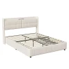 Cadre de lit 160x200cm, à lattes, fonction de chargement USB, tiroirs, cuir PU, blanc