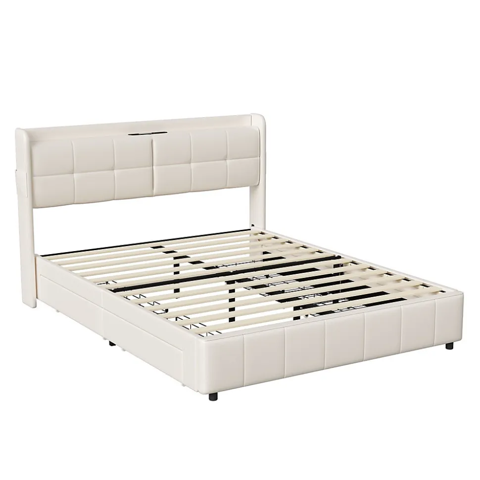 Cadre de lit 160x200cm, à lattes, fonction de chargement USB, tiroirs, cuir PU, blanc
