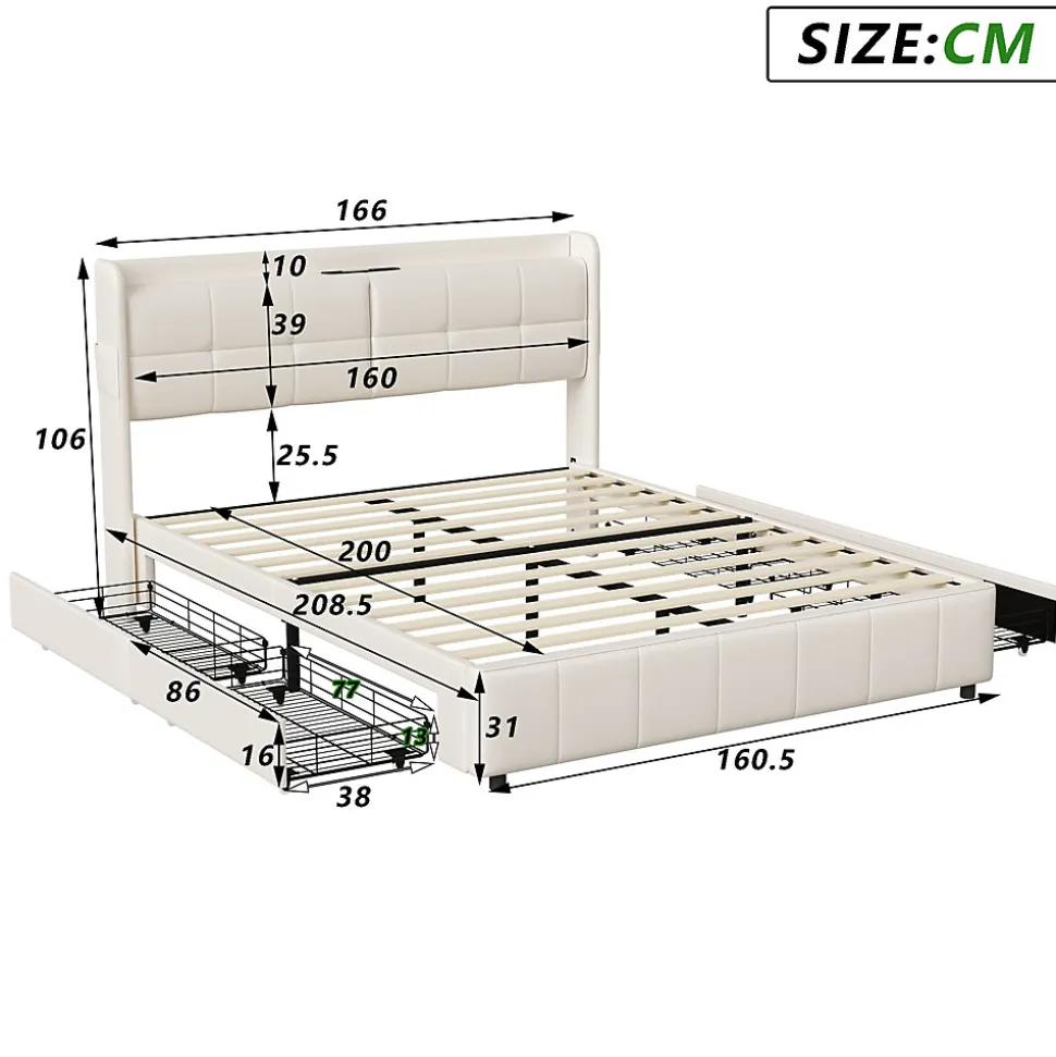 Cadre de lit 160x200cm, à lattes, fonction de chargement USB, tiroirs, cuir PU, blanc