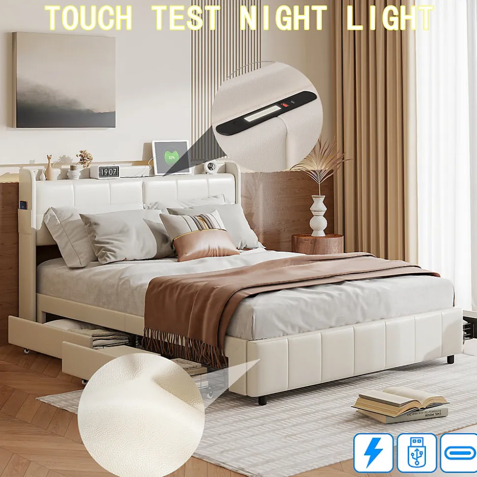 Cadre de lit 160x200cm, à lattes, fonction de chargement USB, tiroirs, cuir PU, blanc
