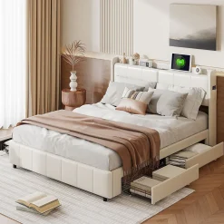 Cadre de lit 160x200cm, à lattes, fonction de chargement USB, tiroirs, cuir PU, blanc