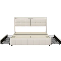 Cadre de lit 160x200cm, à lattes, fonction de chargement USB, tiroirs, cuir PU, blanc