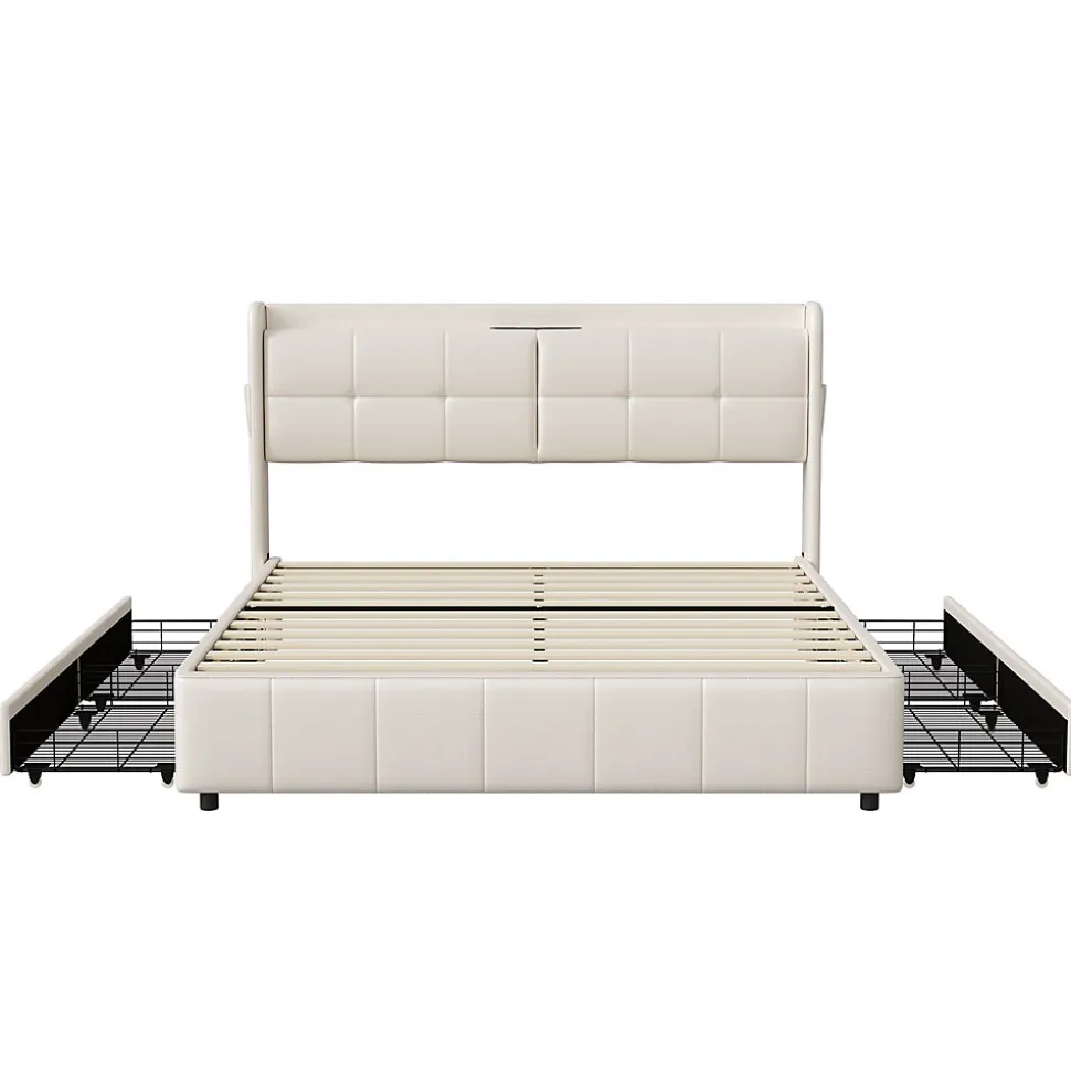 Cadre de lit 160x200cm, à lattes, fonction de chargement USB, tiroirs, cuir PU, blanc