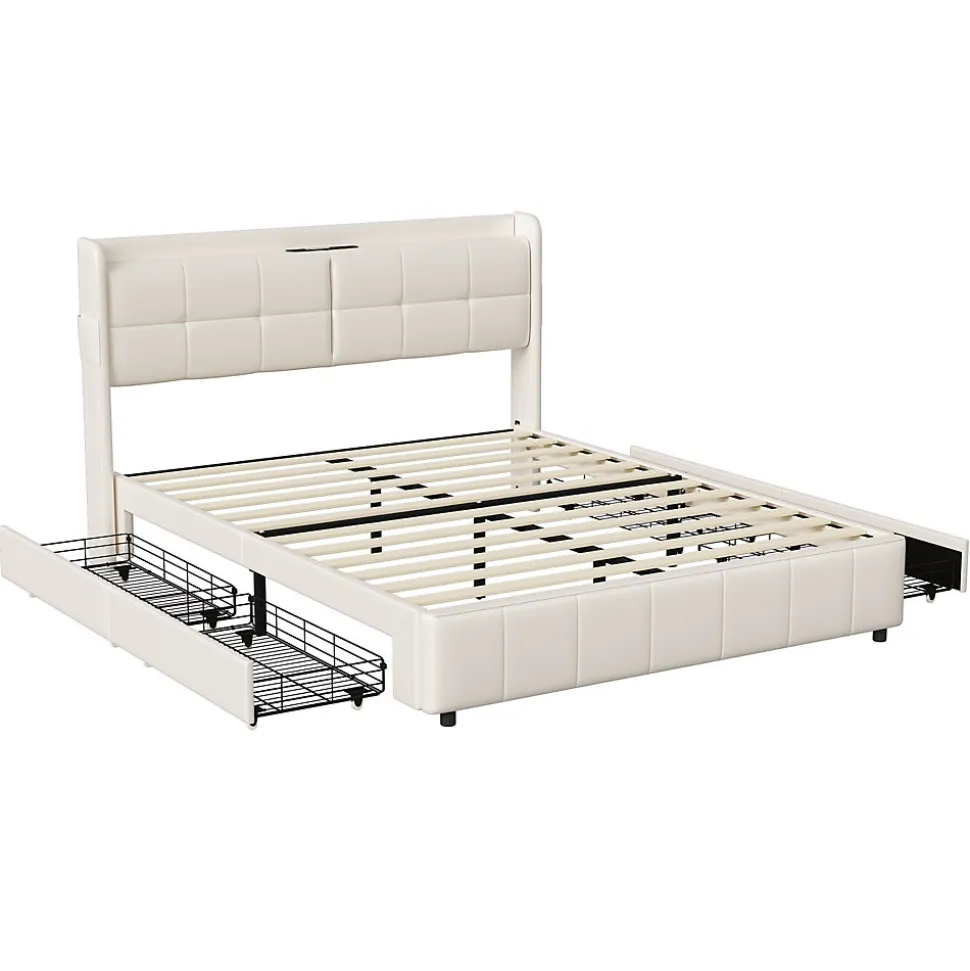 Cadre de lit 160x200cm, à lattes, fonction de chargement USB, tiroirs, cuir PU, blanc