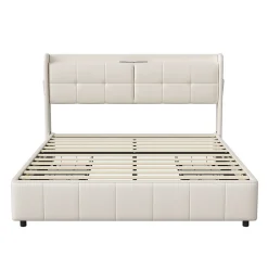 Cadre de lit 160x200cm, à lattes, fonction de chargement USB, tiroirs, cuir PU, blanc