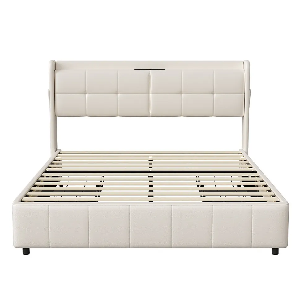 Cadre de lit 160x200cm, à lattes, fonction de chargement USB, tiroirs, cuir PU, blanc